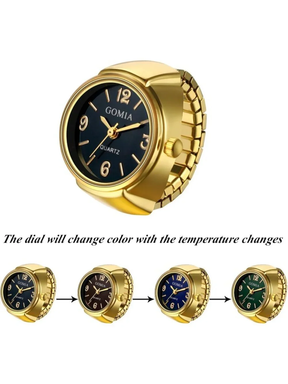 Unisex Gold And Black Analog Stretchy Elastic Band Analogue Finger Ring Watch